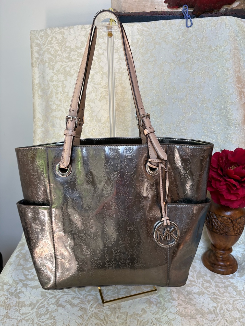 Michael Kors Jet Set.Metallic Bronze MK Signature Tote with Leather Trim